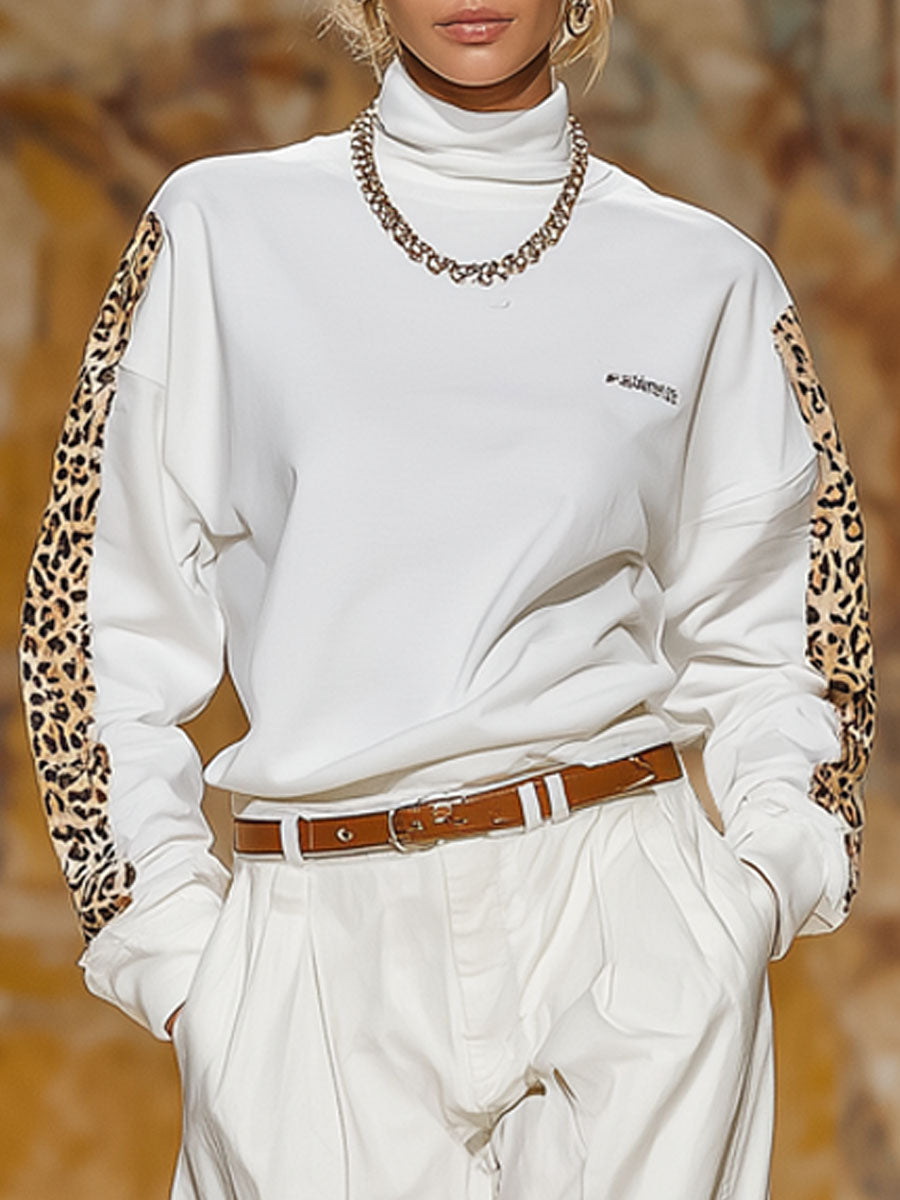 Loose-fitting High-neck Sweatshirt And Cotton And Linen Wide-leg Trousers Set