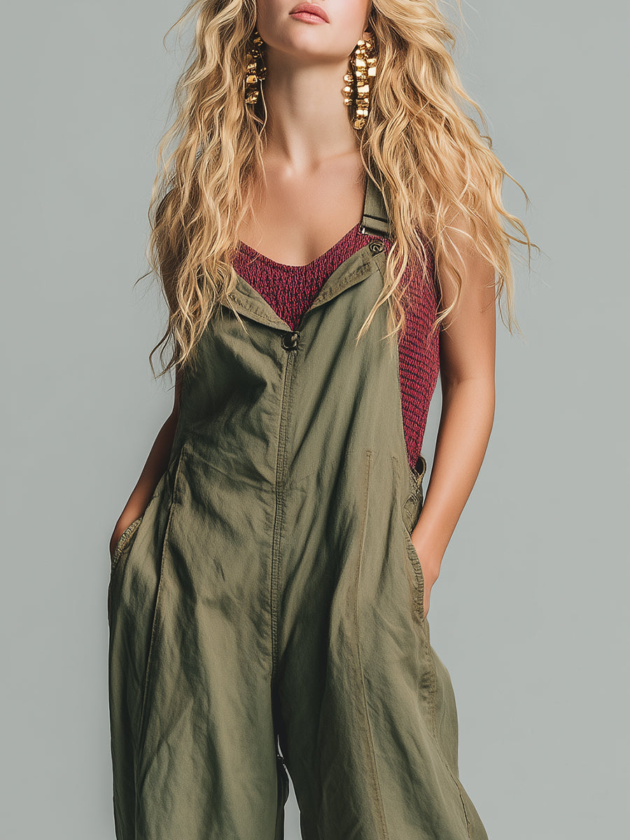 Casual And Stylish Olive Green Washed Cotton Overalls