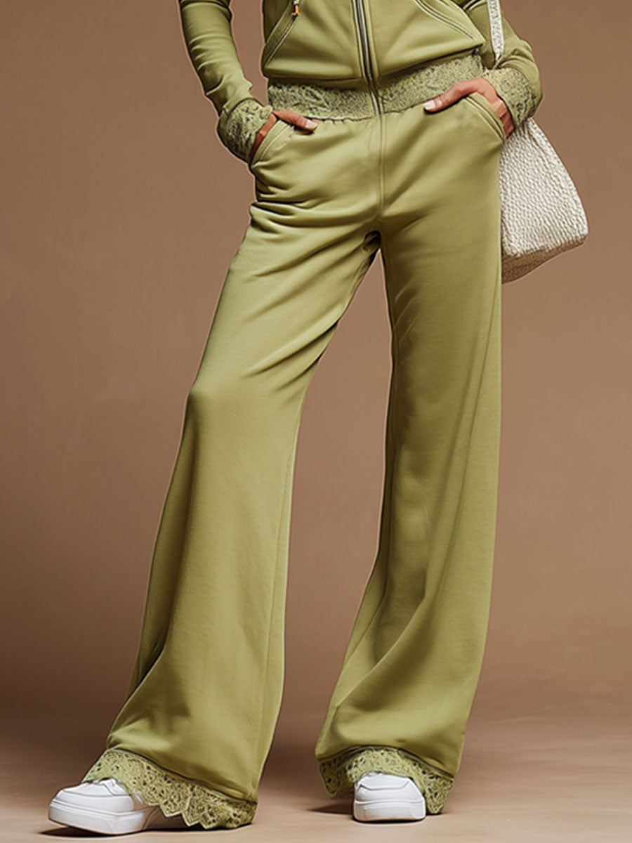 Sporty Retro Lace Green Cotton Blend Hooded Sweatshirt And Straight Leg Pants Set