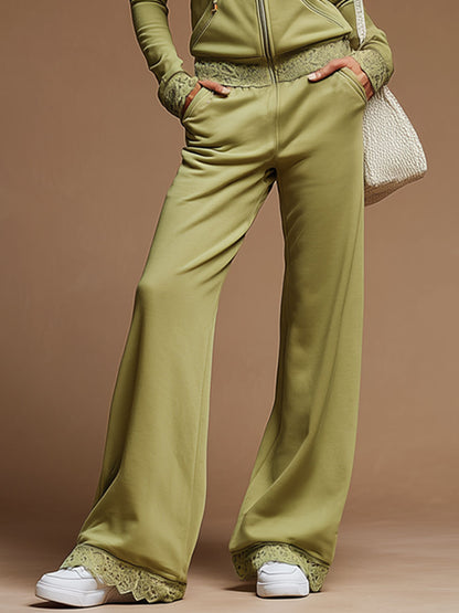 Sporty Retro Lace Green Cotton Blend Hooded Sweatshirt And Straight Leg Pants Set