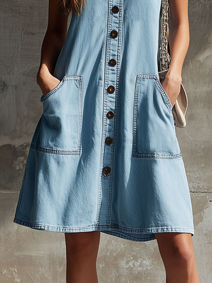 Casual Retro Light Blue Denim Sleeveless Round Neck Mini Dress