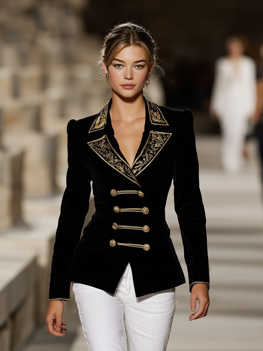 Western Black Velvet Patchwork Embroidered Button  Blazer