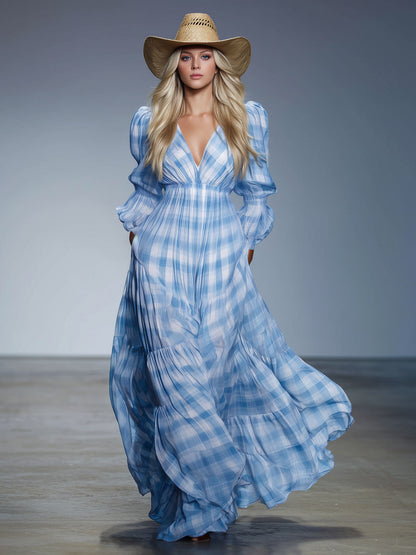 Loose V-neck Plaid Chiffon Long-sleeved Maxi Dress