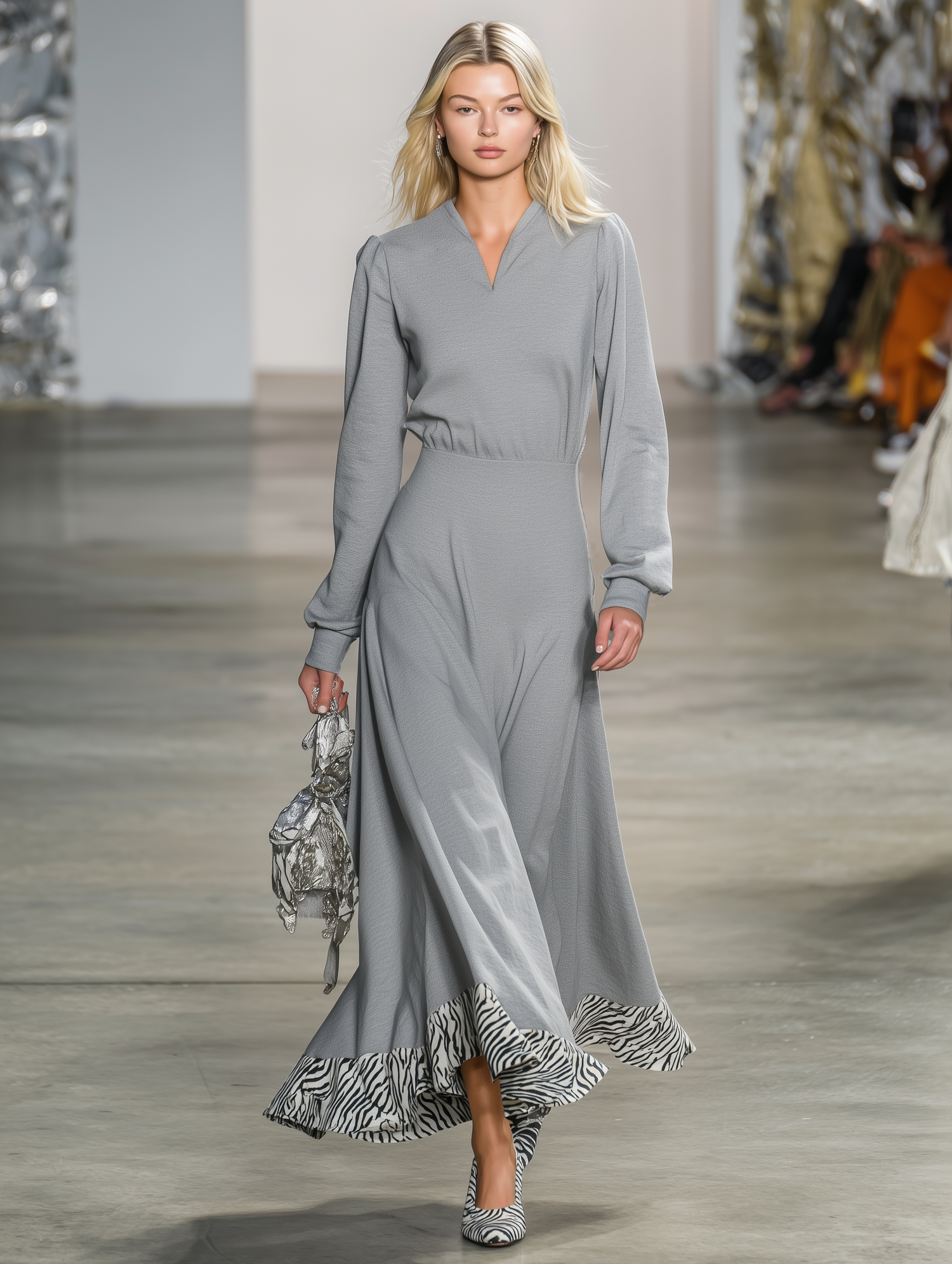 Stylish Grey V-neck Patchwork Zebra Print Dress