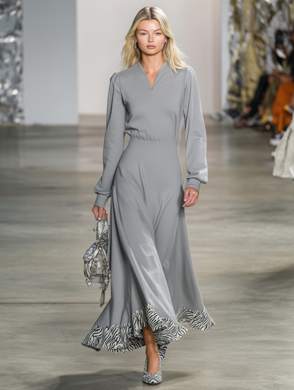 Stylish Grey V-neck Patchwork Zebra Print Dress