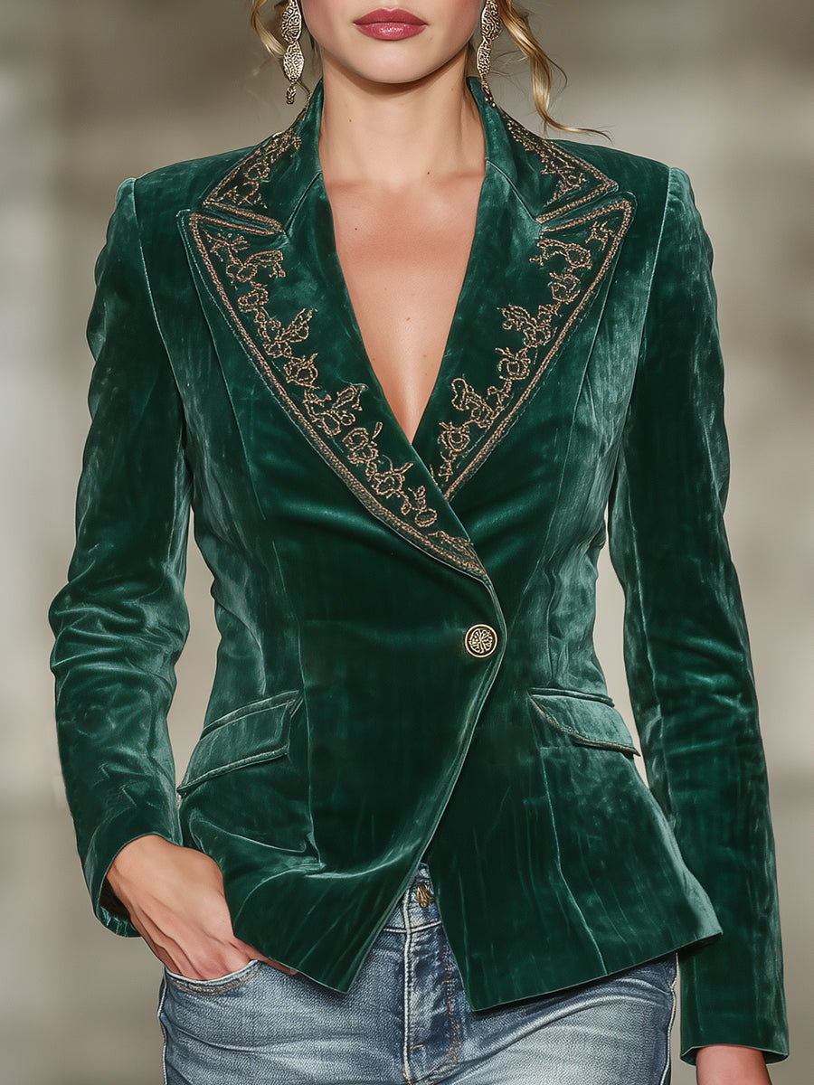 Fashionable Emerald Green Velvet Collar Embroidered Blazer