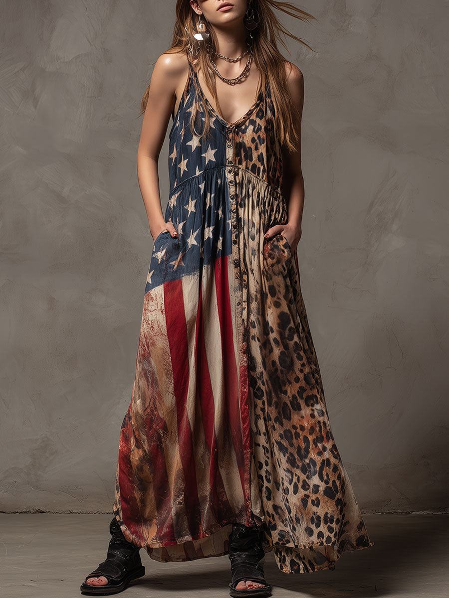Vacation Retro American Flag Leopard Print Chiffon Sleeveless Maxi Dress