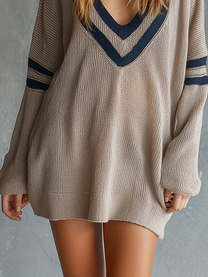 Casual Sporty Striped Khaki Lightweight Knitted Long-sleeved Mini Dress