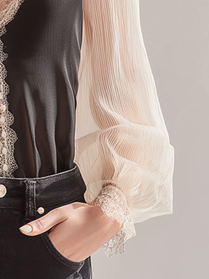 Exquisite And Elegant Black And White Color-blocked Camisole Chiffon Shirt