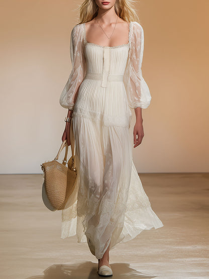 Stylish And Elegant White Square-neck Chiffon Maxi Dress