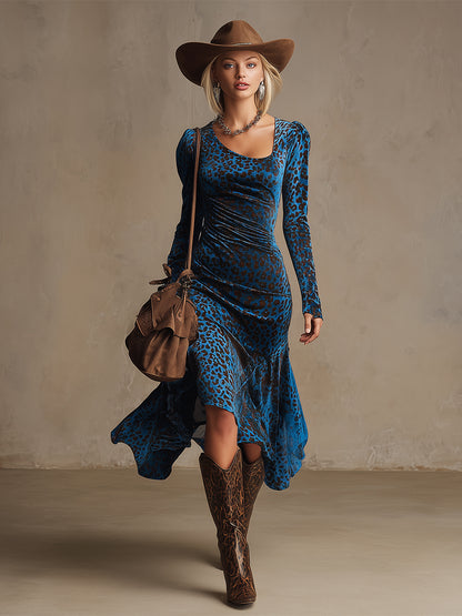 Chic Urban Royal Blue Leopard Print Velvet Midi Dress