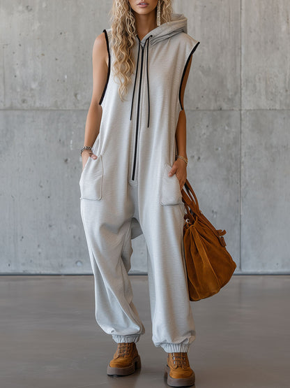 Sporty Retro White-grey Cotton Blend Sleeveless Hooded Jumpsuit