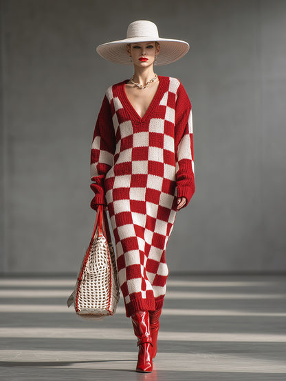 Elegant Red And White Checkered Knit Midi Dress