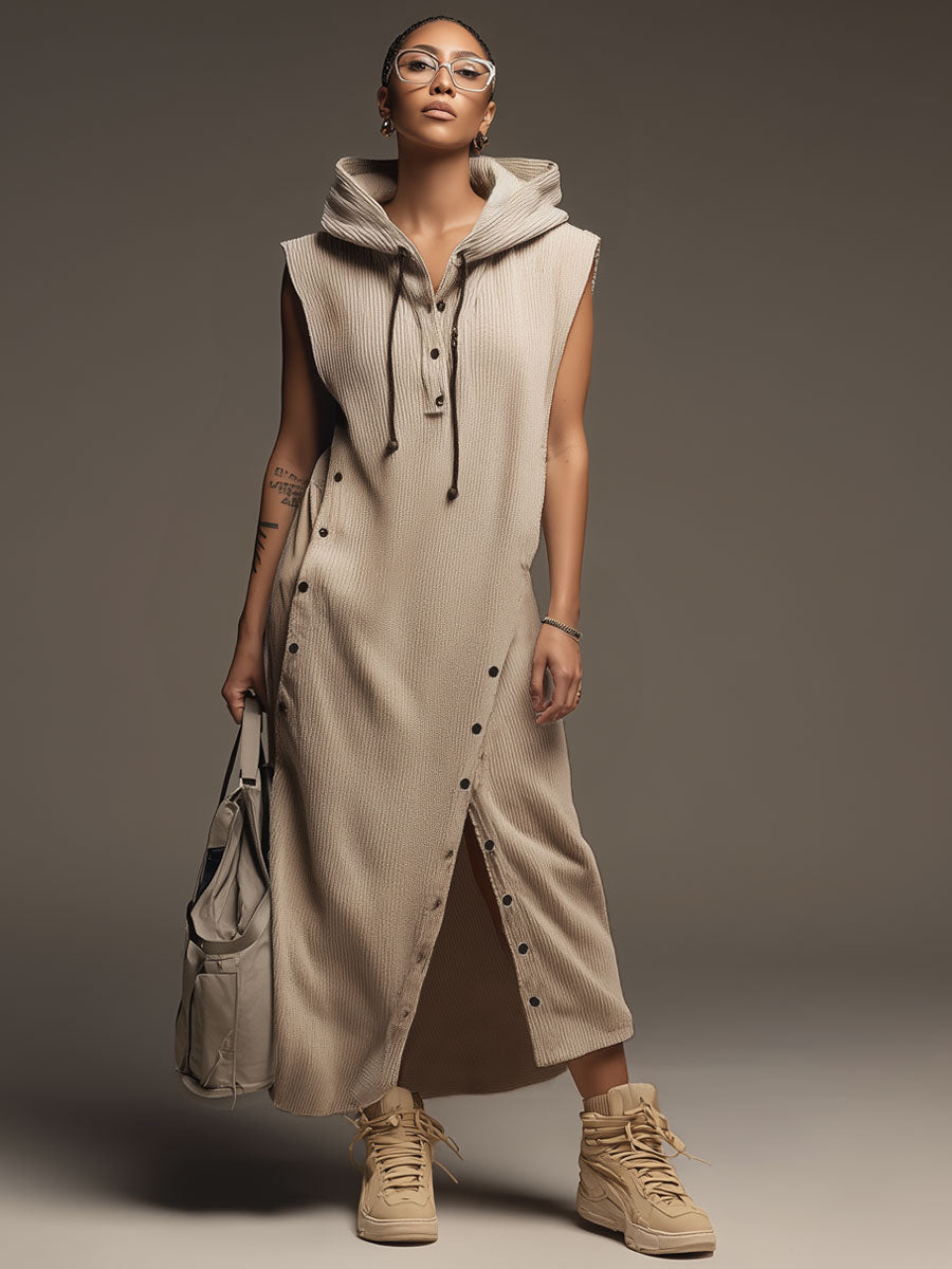 Sporty Retro Khaki Knit Ribbed Sleeveless Hooded Slit Maxi Dress