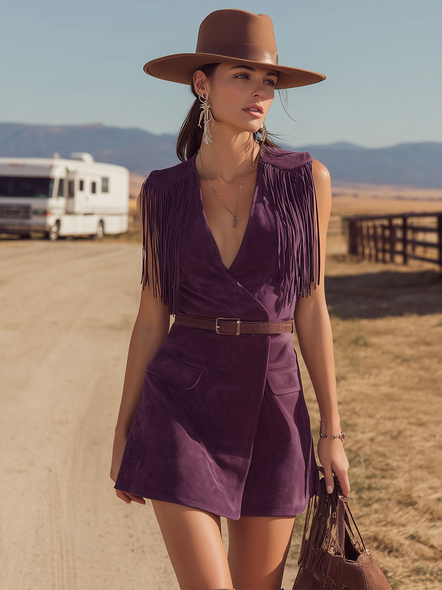 Western Retro Tassel Purple V-Neck Sleeveless Faux Suede Mini Dress