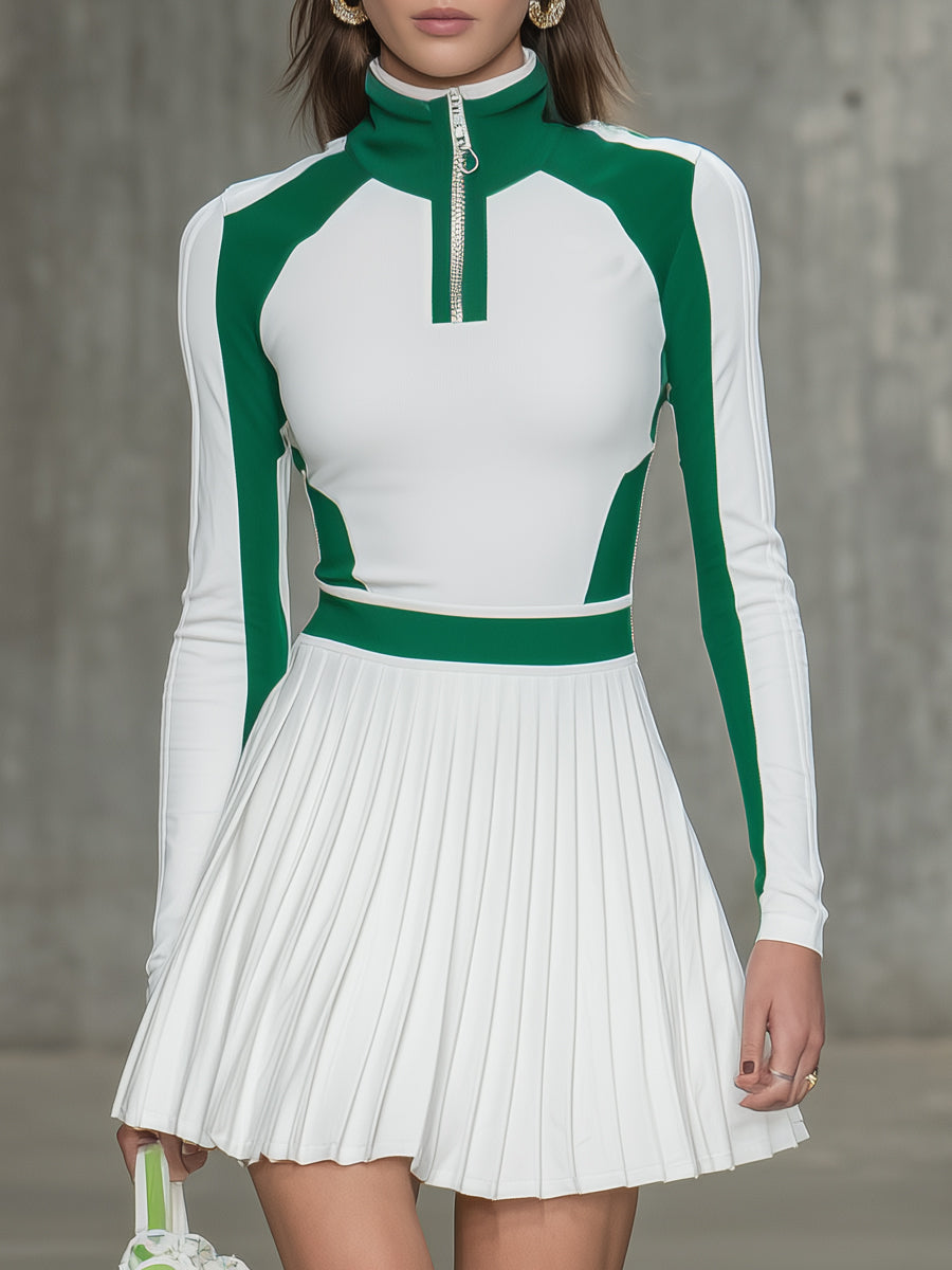 Athletic-style White And Green Pleated Mini Dress