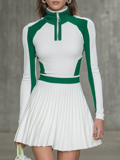 Athletic-style White And Green Pleated Mini Dress