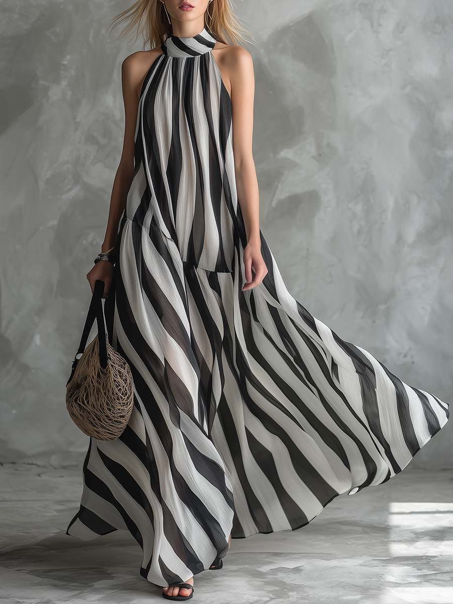 Stylish Relaxed Resort-style Stand-collar Striped Chiffon Maxi Dress