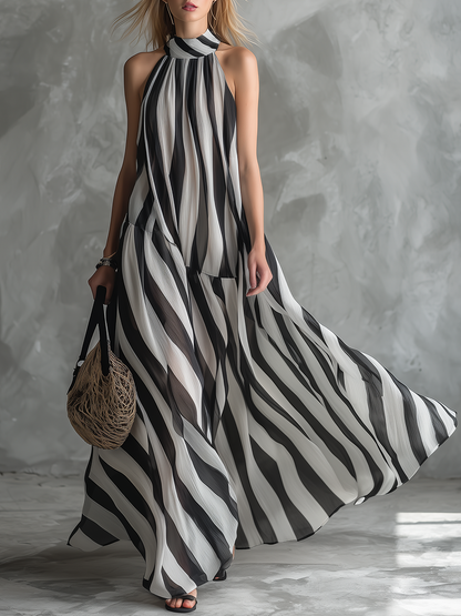 Stylish Relaxed Resort-style Stand-collar Striped Chiffon Maxi Dress