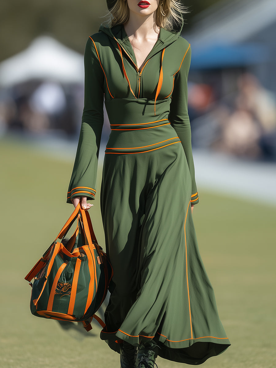 Stylish And Casual Orange-trimmed Green Hooded Sporty Maxi Dress