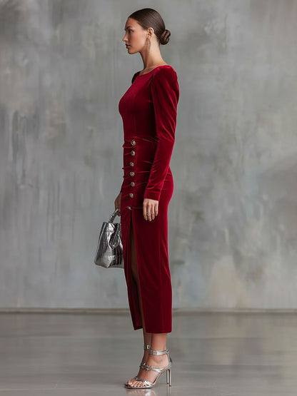 Elegant Round Neck Button-down Side Slit Long Sleeve Velvet Midi Dress