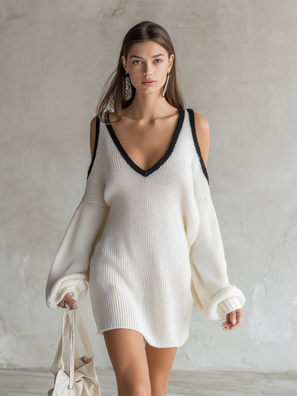 Elegant Trim  White Knitted Off-the-shoulder Long-sleeved Mini Dress