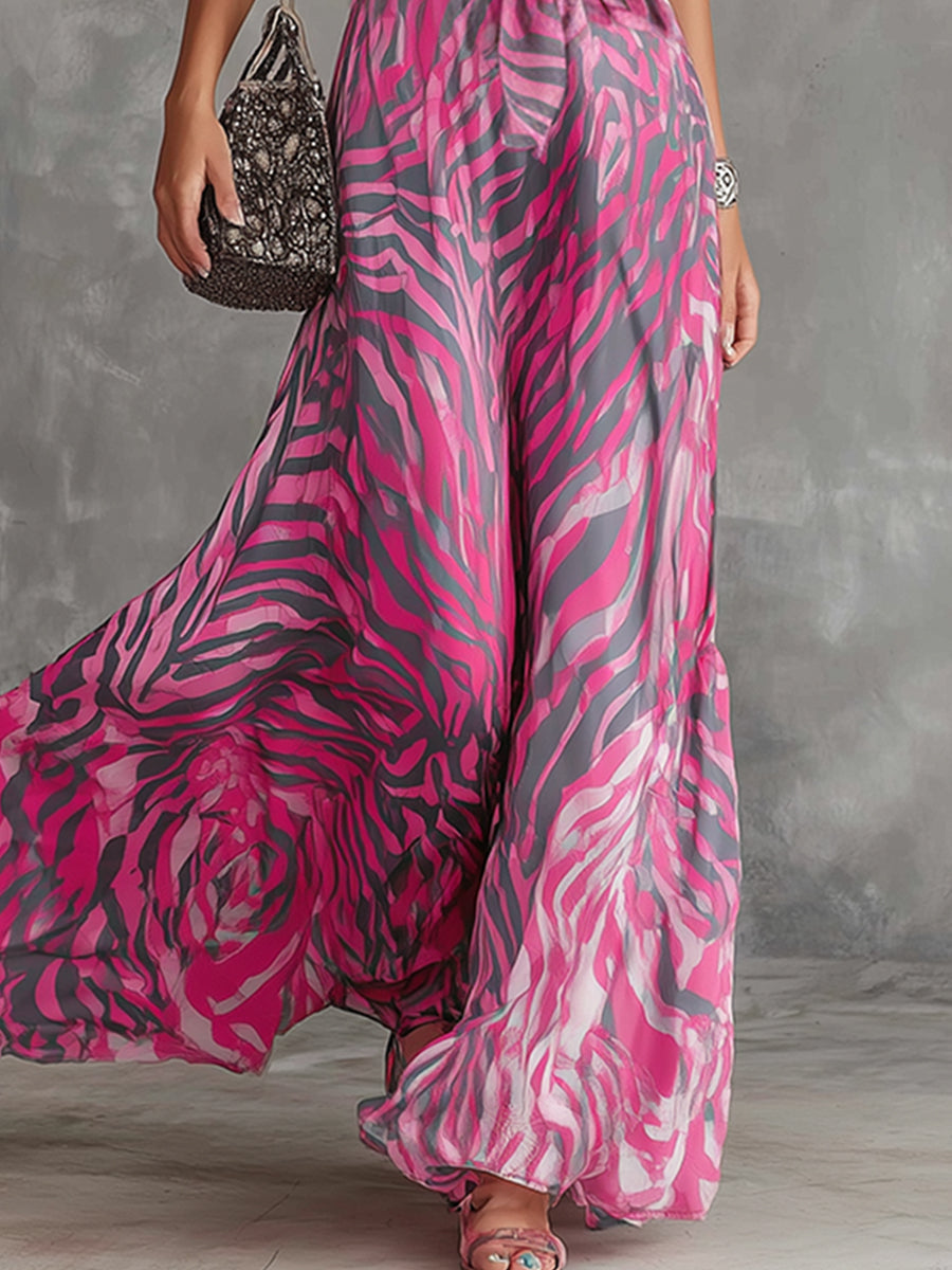 Stylish And Elegant Hot Pink Zebra Print Chiffon Halter Neck Sleeveless Maxi Dress