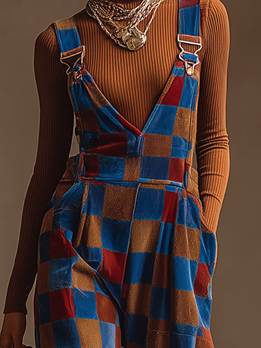 Retro Blue-brown Checkered Wide-leg Overalls