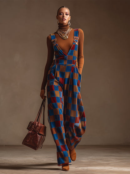Retro Blue-brown Checkered Wide-leg Overalls