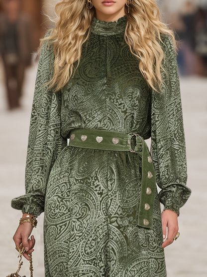 Retro Western Style Velvet Cashew Embossed Green Maxi Dress