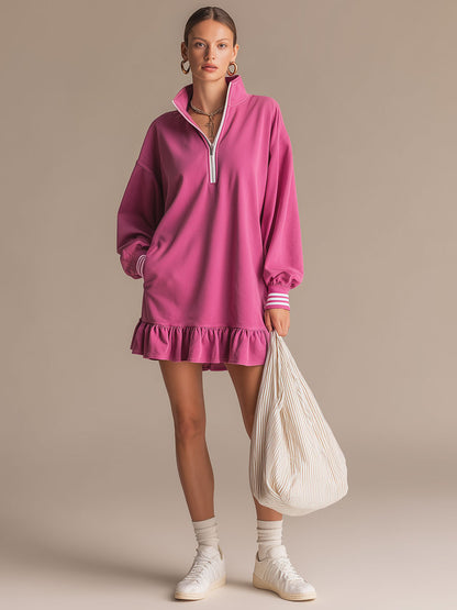 Sporty Retro Pink Cotton Half-Zip Ruffle Sweatshirt Mini Dress