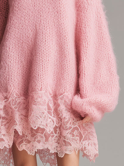 Trendy Retro Round Neck Long-sleeved Pink Long-haired Knit Lace Mini Dress
