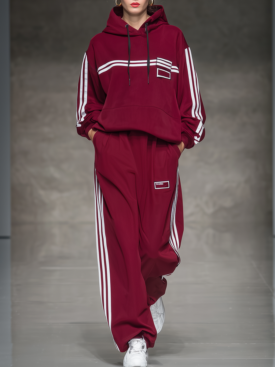 Sporty Retro Striped Hoodie And Wide-leg Pants Set