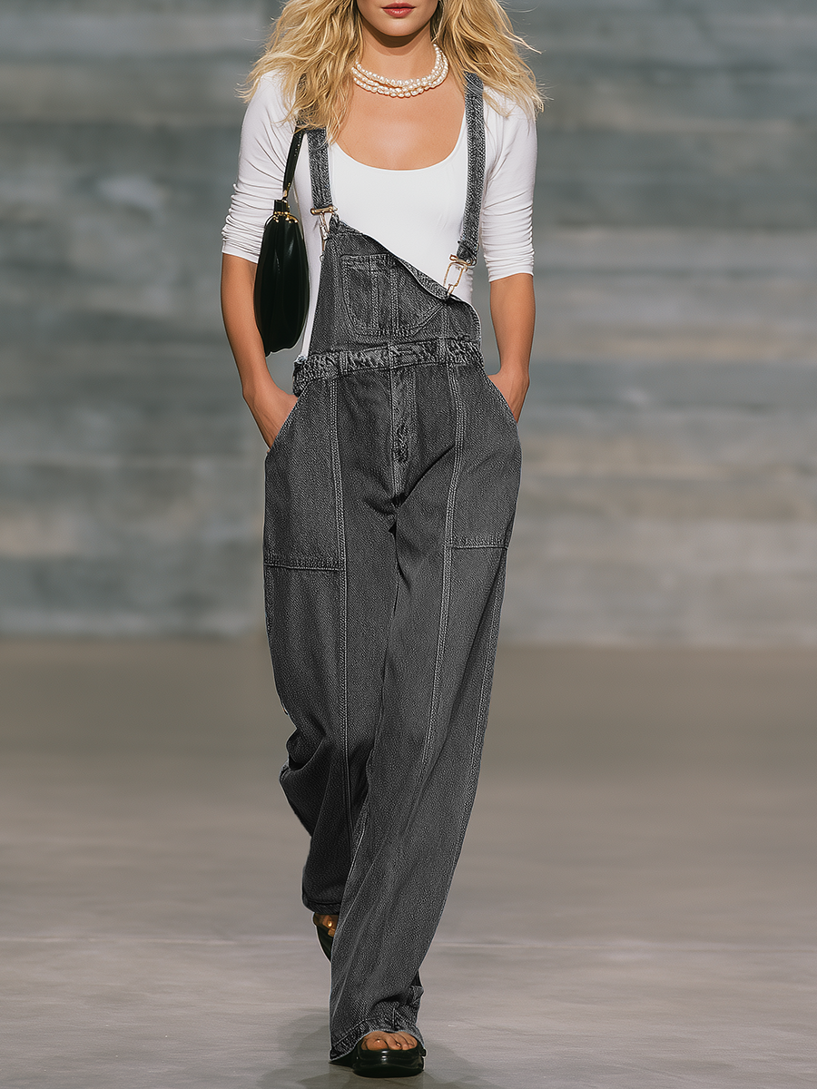 Loose-fitting Casual Wide-leg Gray Denim Overalls