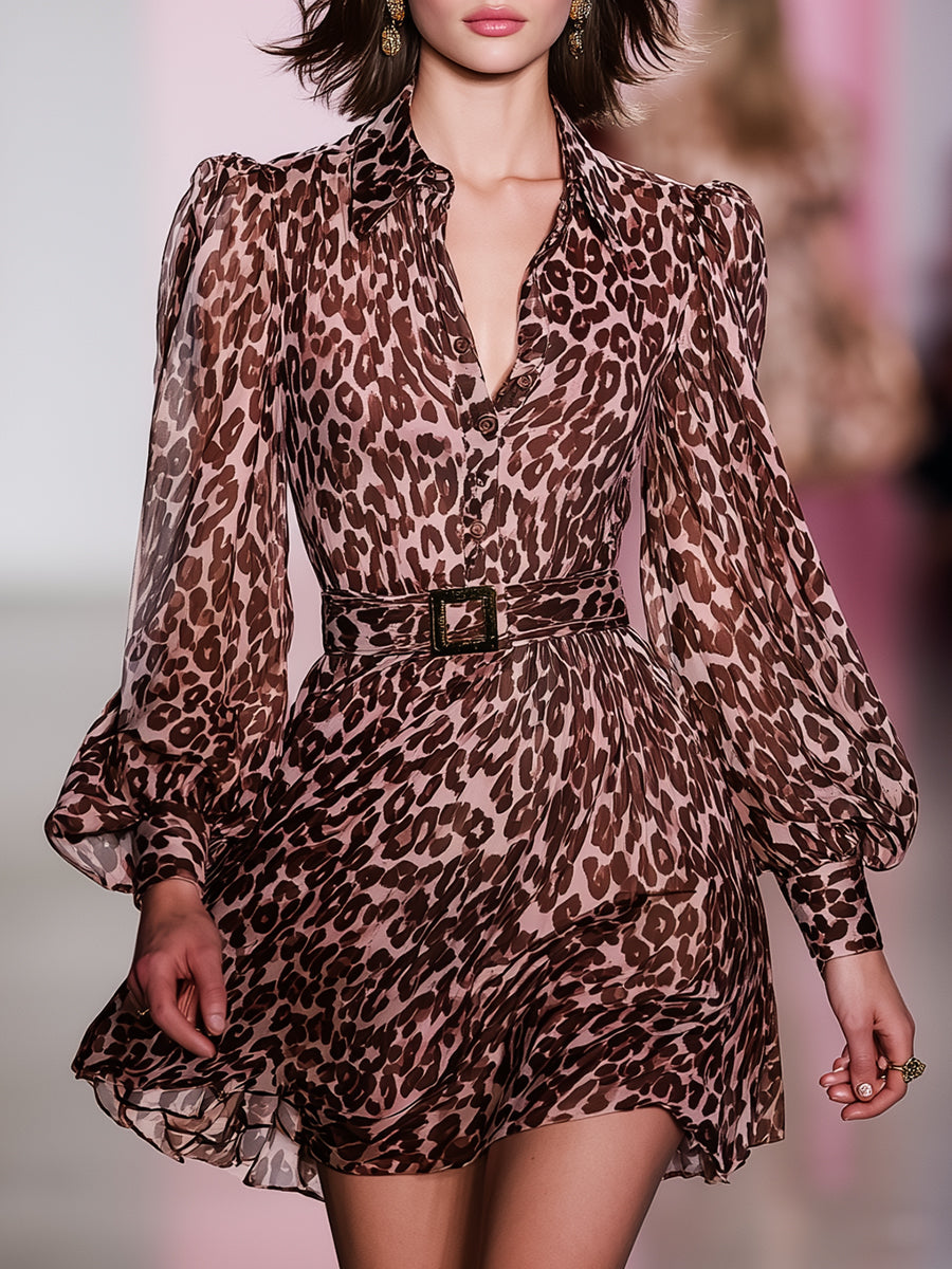 Casual Retro-style Brown Leopard Print Pink Chiffon Mini Dress