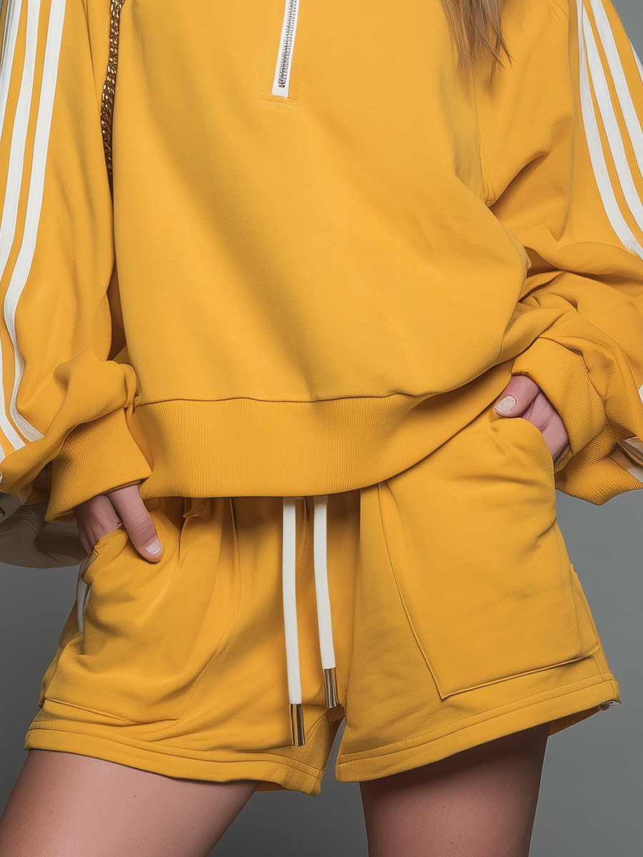 Sporty Casual Collared Zip-up Long-sleeved Top And Shorts Set