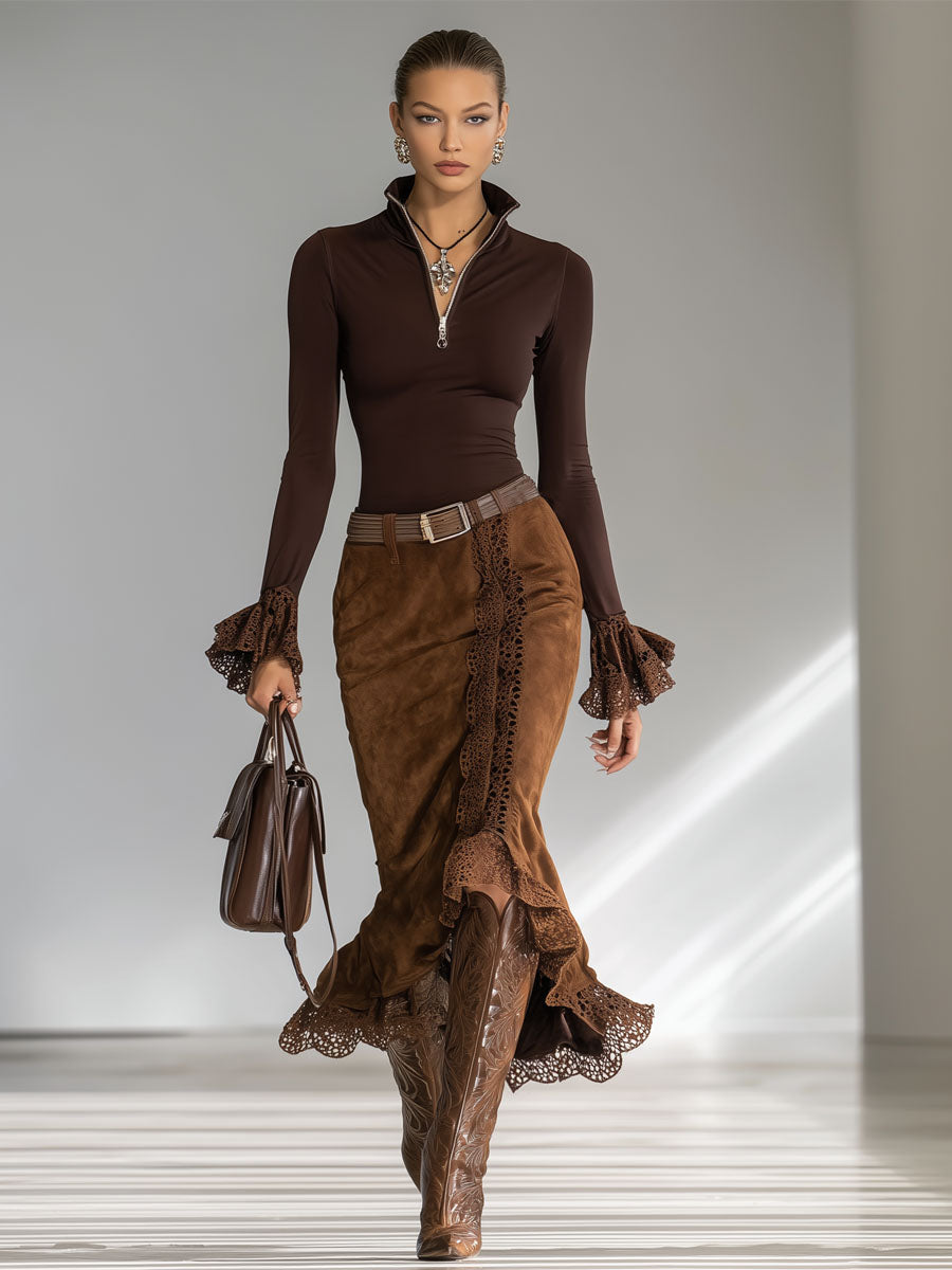 A Fitted Stand-up Collar Zip-up Long-sleeved Top And Faux Suede Skirt Set