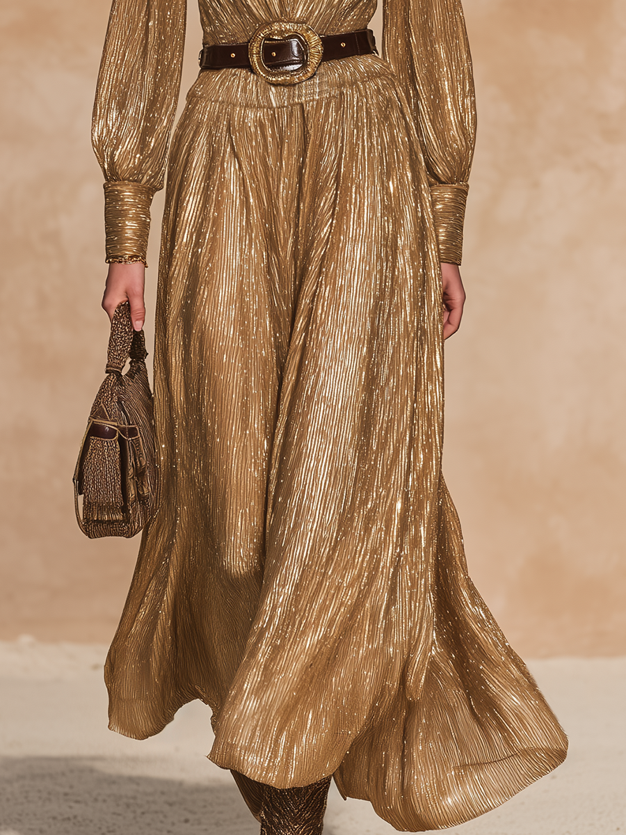Stylish And Sophisticated V-neck Gold Shimmering Maxi Dress