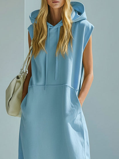 Loose-fitting Blue Hooded Double-pocket Sleeveless Maxi Dress