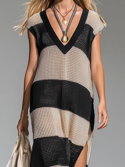 Lightweight V-neck Color-block Striped Split-hem Sleeveless Knit Maxi Dress