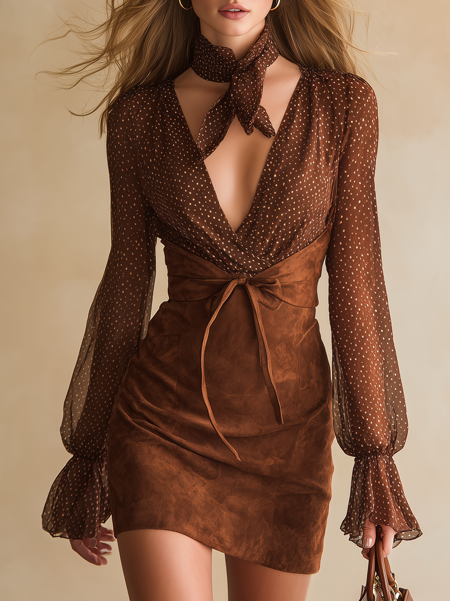 Stylish Retro Charming Chiffon And Faux Suede Patchwork Mini Dress