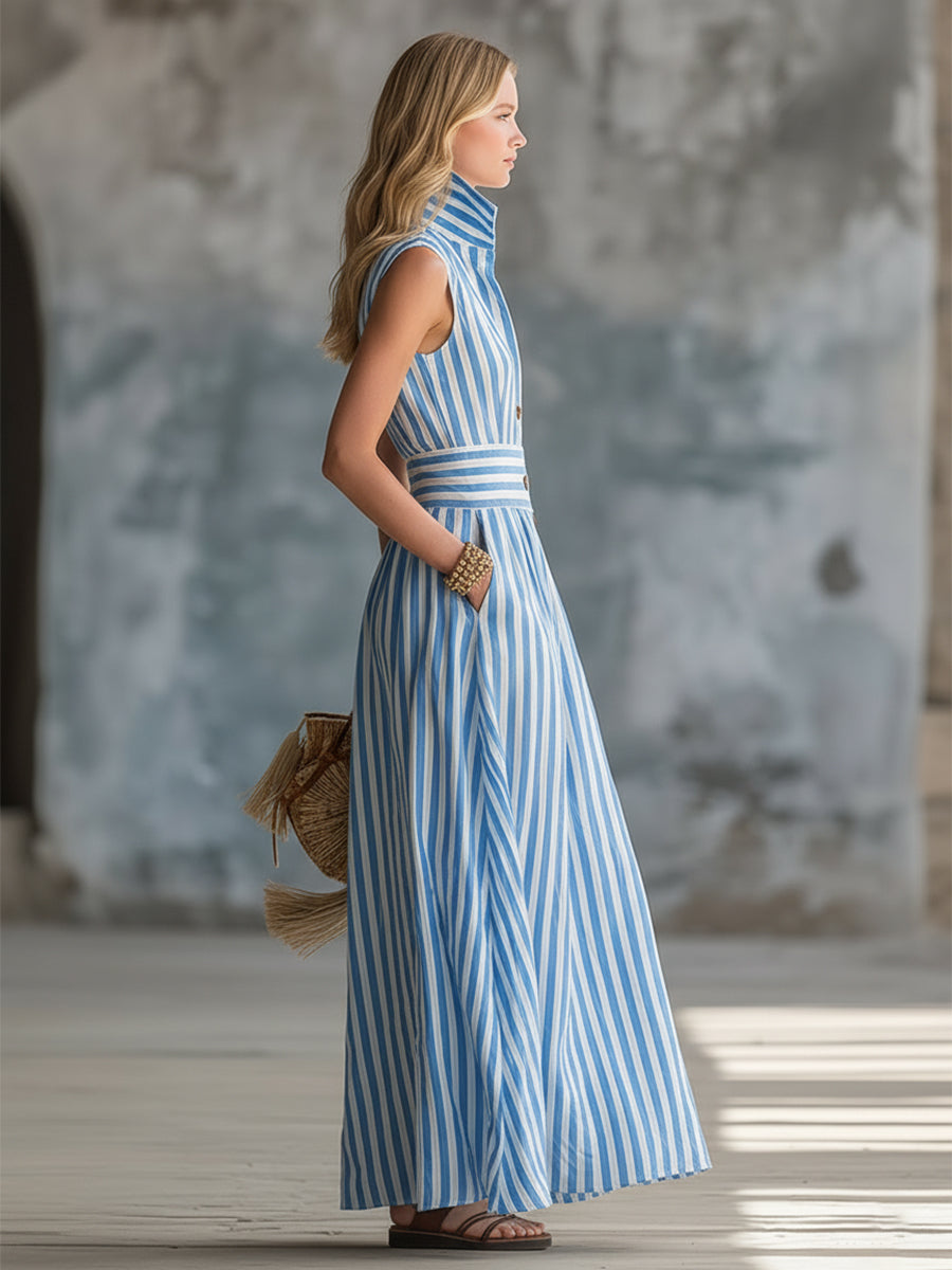 Elegant Urban Blue Striped Lapel Front-button Sleeveless Maxi Dress