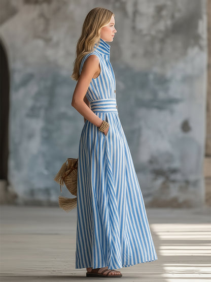 Elegant Urban Blue Striped Lapel Front-button Sleeveless Maxi Dress