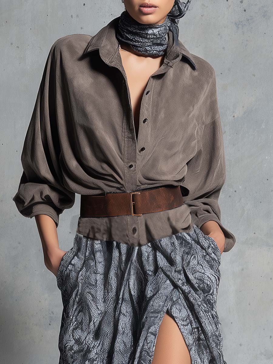 Vintage Western Flowing Front-buttoned Brown Suede And Chiffon Printed Hem Slit Maxi Dress