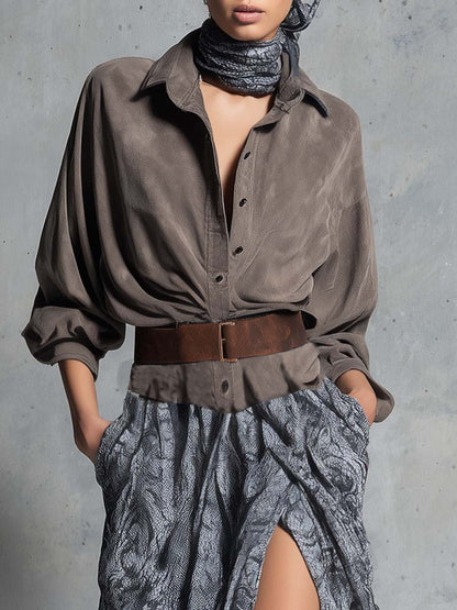 Vintage Western Flowing Front-buttoned Brown Suede And Chiffon Printed Hem Slit Maxi Dress