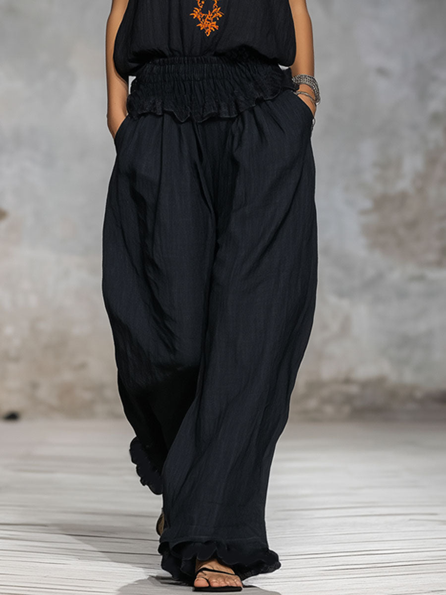 V-neck Vintage Floral Embroidered Sleeveless Cotton Top And Pants Set