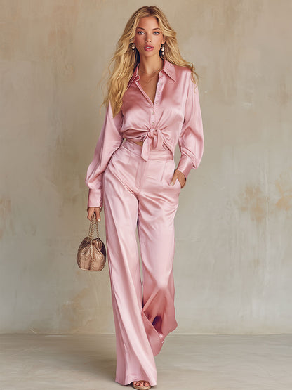 Urban Elegance Pink Satin Shirt And Pants Set