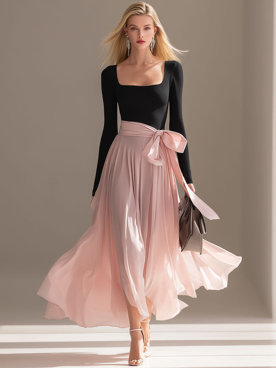Stylish And Elegant Black Top And Pink Chiffon Skirt Set