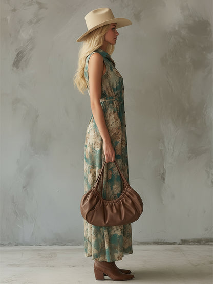 Retro Western-style Green Floral Print Chiffon Collared Sleeveless Maxi Dress