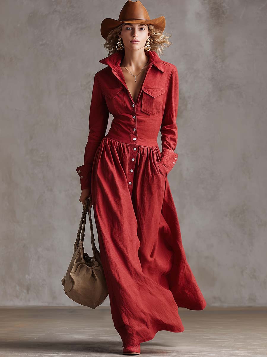Exquisite Retro Western Lapel Front Button Red Windbreaker Style Cotton And Linen Maxi Dress